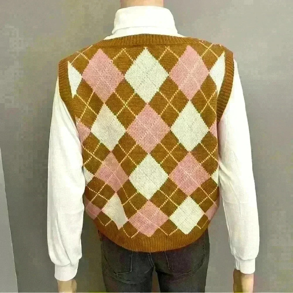 NOBO Y2K Oversized Diamond Pink &  Brown V-neck Cropped Short Sweater Vest - Picture 4 of 13